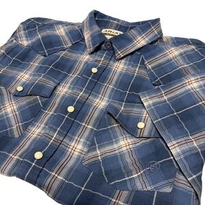 ARIAT Men's XL Short Sleeve Pearl Snap Shirt Blue Red Plaid Retro Rodeo Cowboy